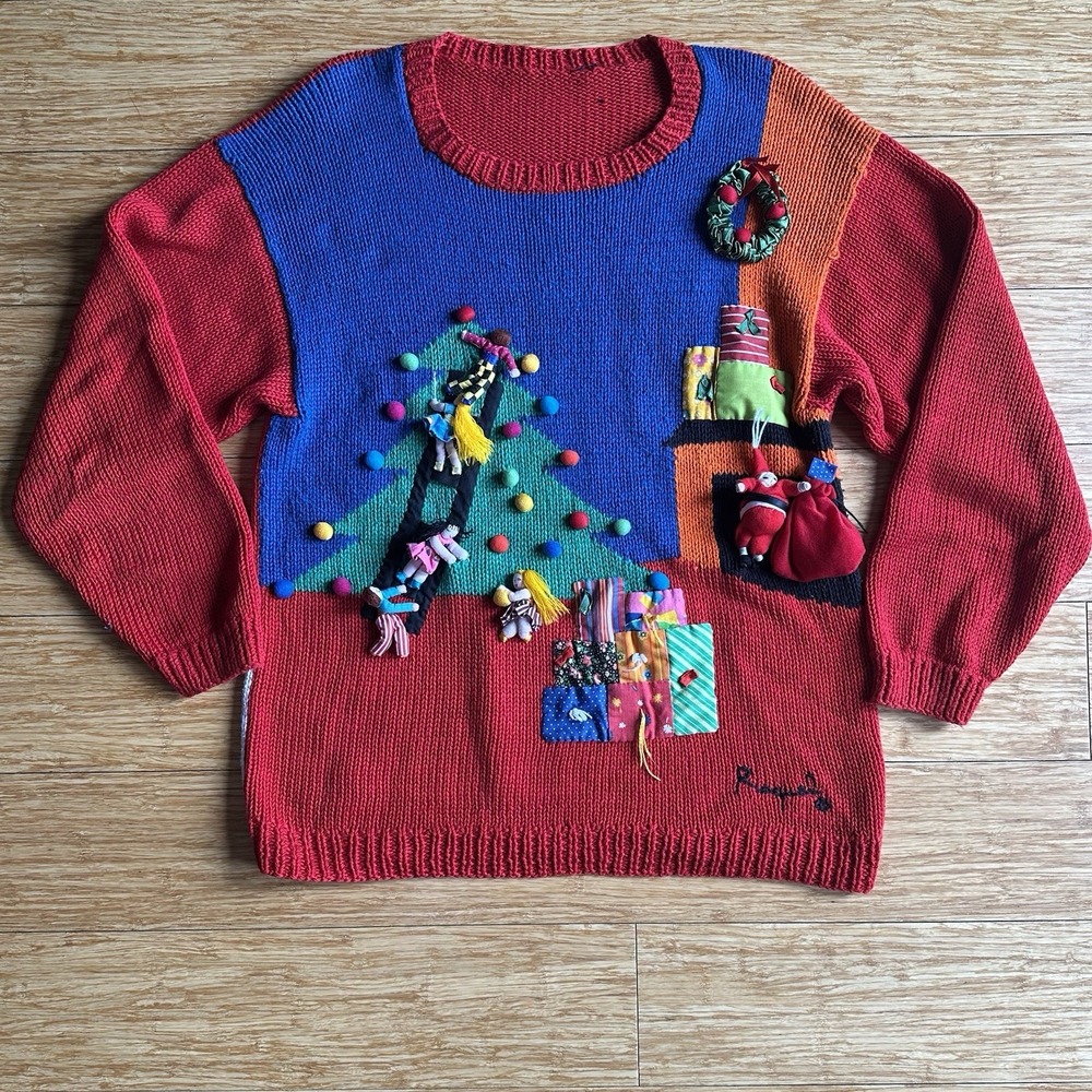 Rare Raquels Collection Hand Knit 3D Ugly Christmas Sweater Women Medium